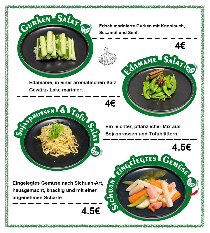 Ginken Vorspeise: Gurken Salat, Edamame Salat, Sojasprossen&Tofu Salat, Sichuan eingelegtes Gemüse