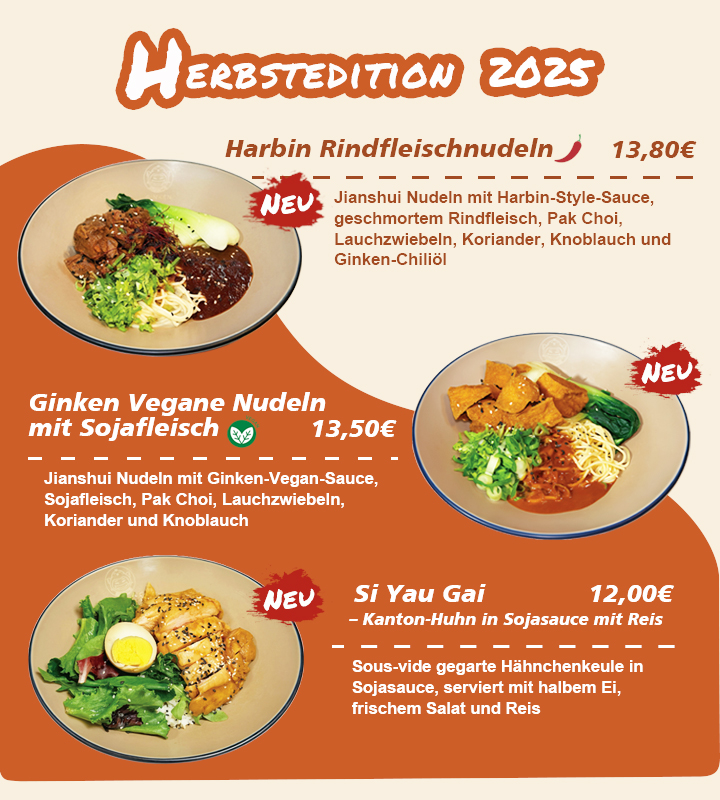 Harbin Rindfleischnudeln, Ginken Vegane Nudeln mit Sojafleisch, Si Yau Gai - Kanton-Huhn in Sojasauce mit Reis